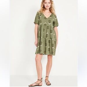 Old Navy V-Neck Mini Swing Dress Short Sleeve Green Floral Print Size XL NWT